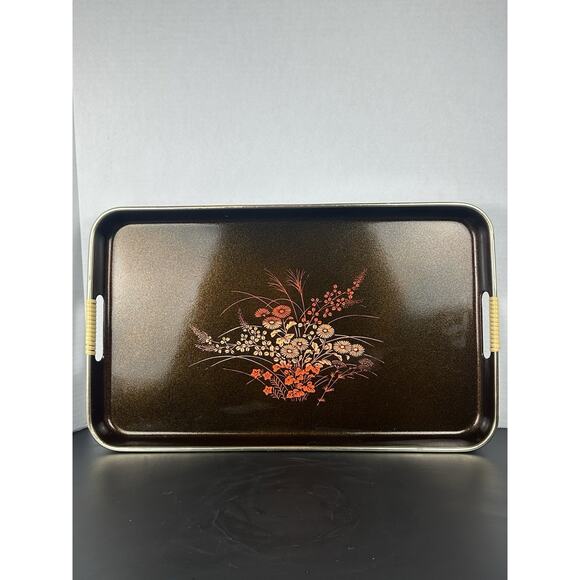 Vintage Brown And Black Lacquer Serving Tray Plastic Wrapped Handles Fall Decor - Picture 1 of 8